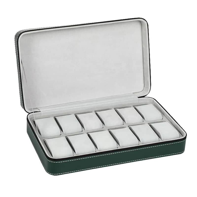 Etui na zegarki, minimalistyczne, ekoskóra z flanelowym wnętrzem, kolor zielony, na 12 zegarków
