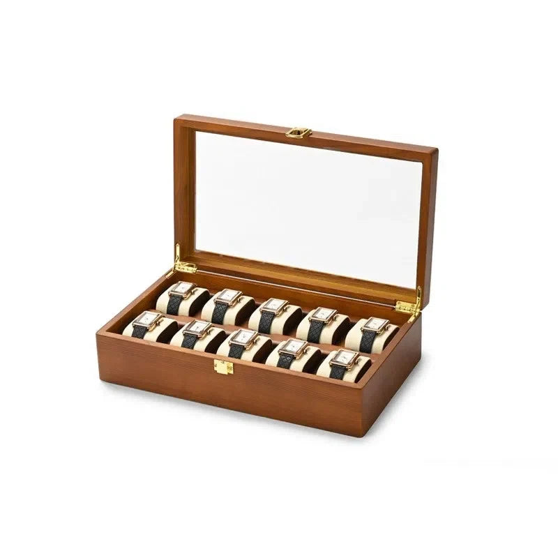 Pudełko na 10 zegarków z zamkiem, drewniane, w stylu rustykalnym, kolor kasztanowy