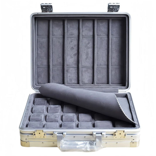 Pudełko na 24 zegarki w formie aluminiowej walizki, lekkie, widok główny