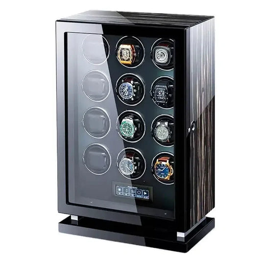 Rotomat na 12 zegarków z czytnikiem linii papilarnych i LCD, kolor drewniany