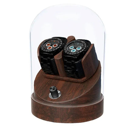 Rotomat na 2 zegarki pod szklanym kloszem, z oświetleniem LED, kolor orzech