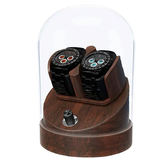 Rotomat na 2 zegarki pod szklanym kloszem, z oświetleniem LED, kolor orzech