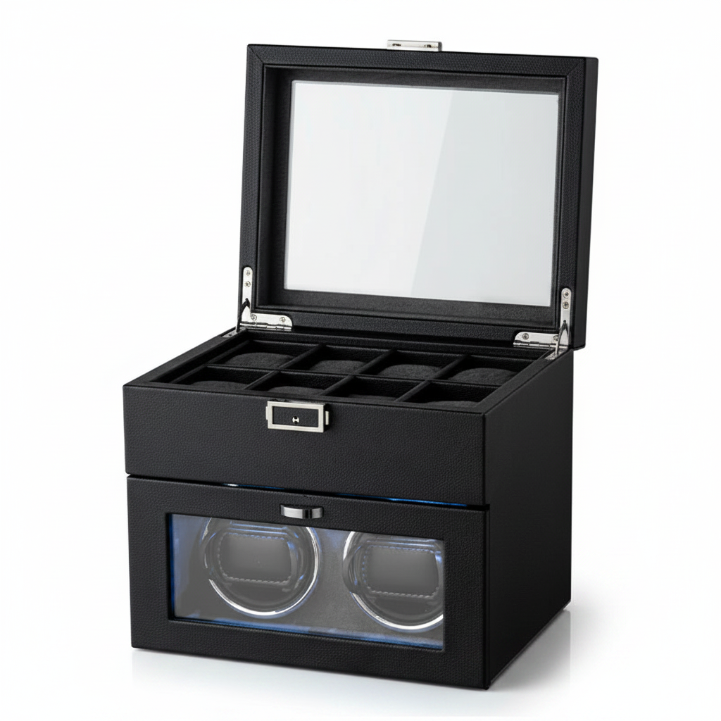 Rotomat na 2 zegarki w kuferku z ekoskóry, z podświetleniem LED, kolor czarny