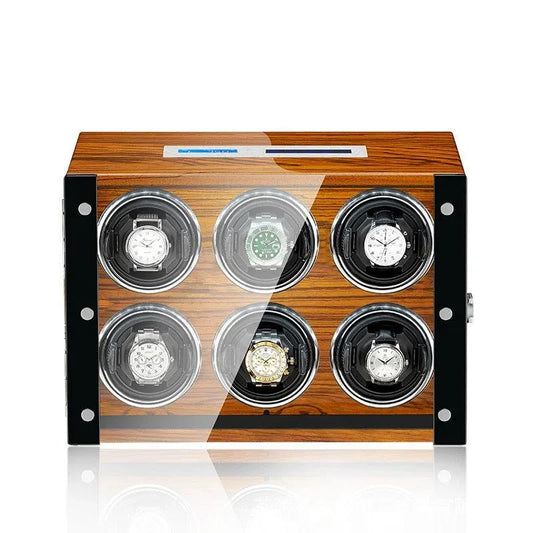 Rotomat na zegarki z drewna dębowego, brązowy, z panelem LCD, na 6 zegarków