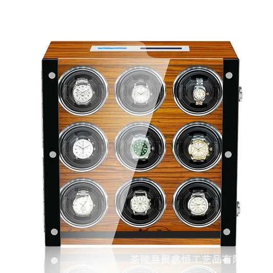 Rotomat na zegarki z drewna dębowego, brązowy, z panelem LCD, na 9 zegarków