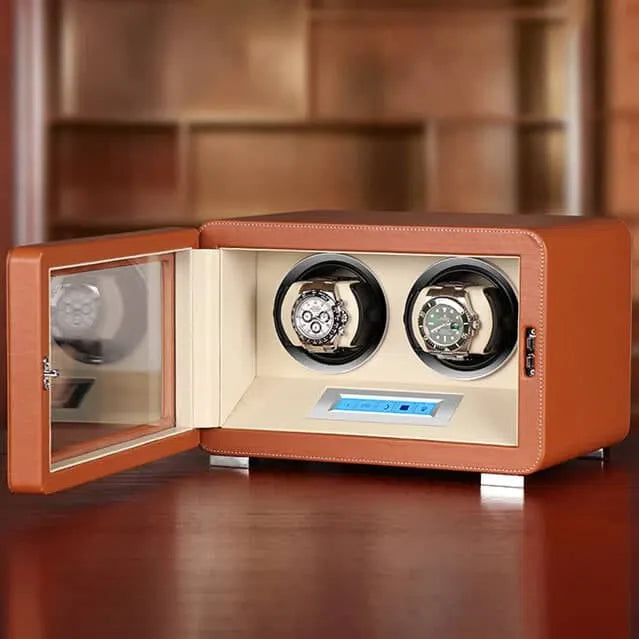 Rotomat na zegarki ze skóry w kolorze koniaku, w stylu retro, ujęcie 3