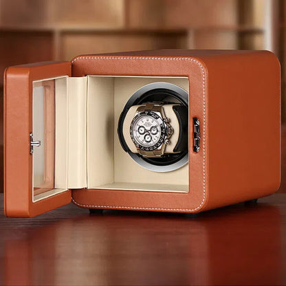 Rotomat na zegarki ze skóry w kolorze koniaku, w stylu retro, ujęcie 8